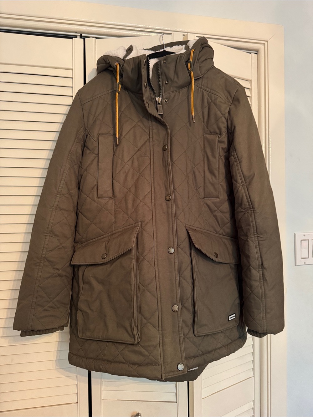 Hunter Quilted Olive Hooded Parka with Yellow Drawstrings
